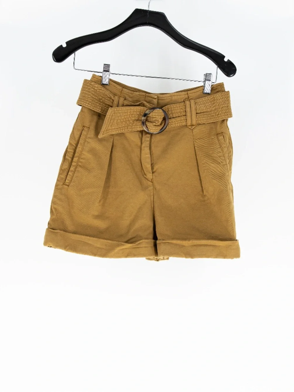 Sezane Women's Rome Cotton Stretch High Rise Casual Belted Shorts Brown Small